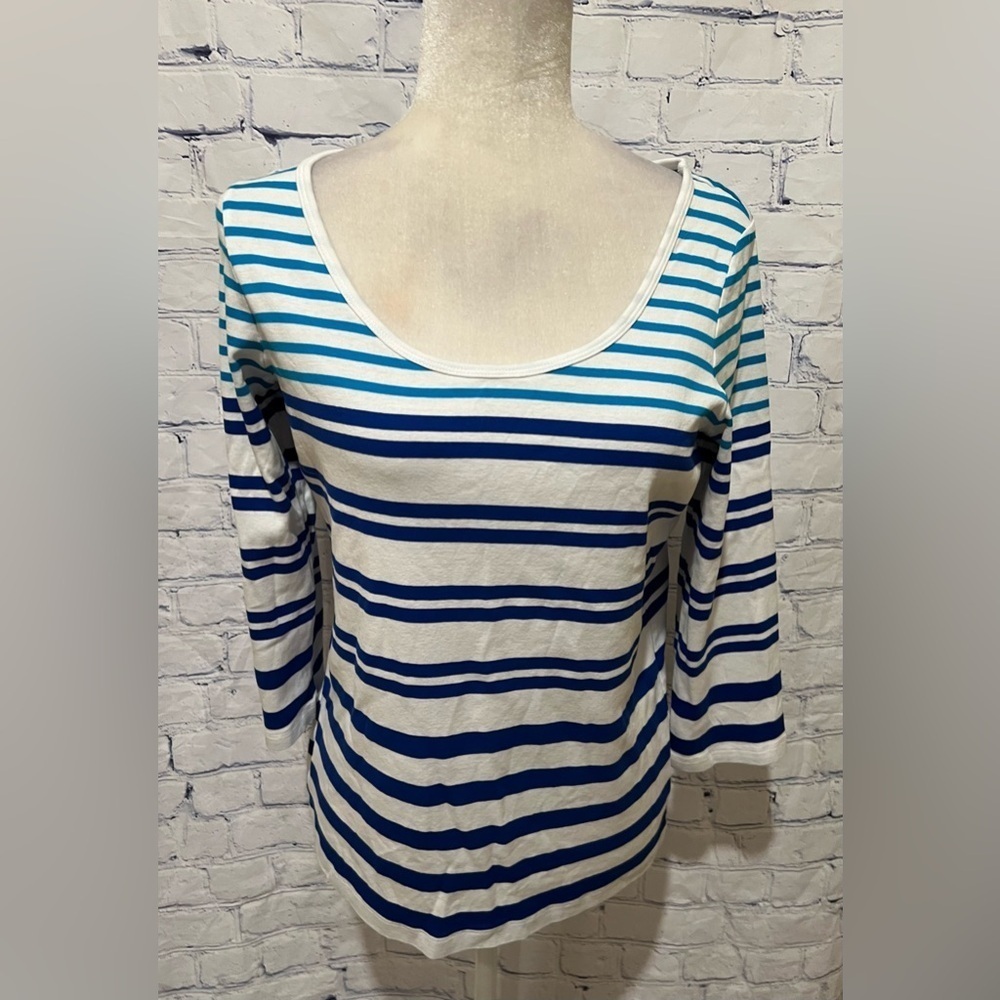 TOMMY BAHAMA Top/Tee, Striped, 3/4 sleeves, Tonal Blue/White, Cotton Large